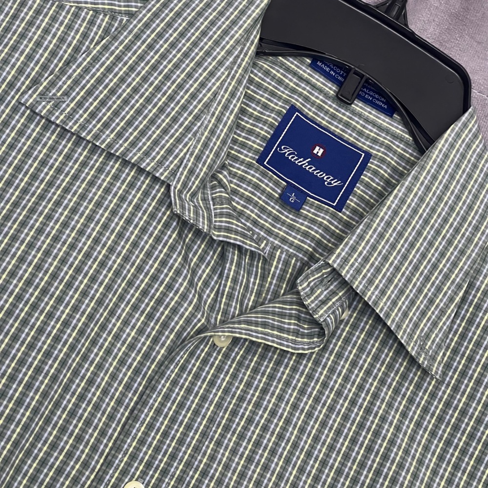 Hathaway Button Down Shirt Mens Large Green Plaid Excellent Short Sleeve Cotton